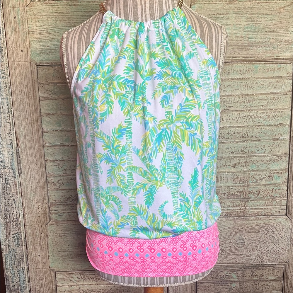 Lilly Pulitzer Palm Print Halter Blouse Green Blue Pink